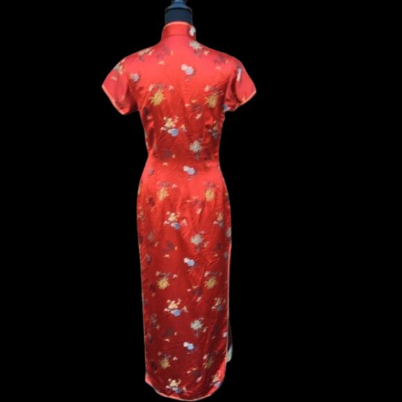 VTG Peony Chinese Qipao Cheongsam Red Dress Size 36 Side Zipper Frog Fasteners - Picture 3 of 11